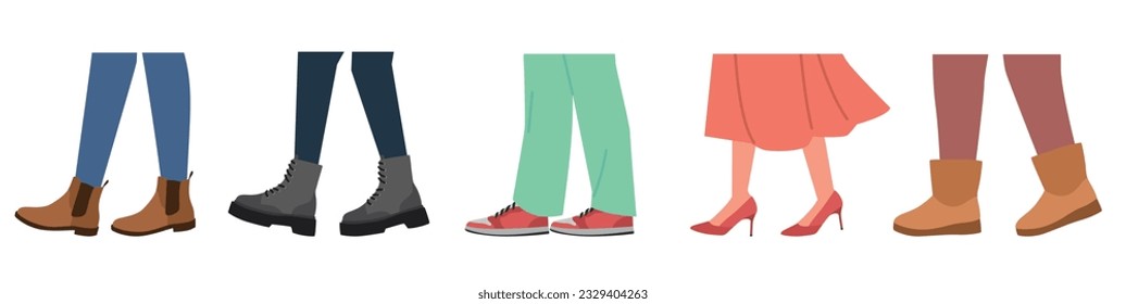 Pies en diferentes zapatos modernos. Varios tipos de calzado masculino o femenino. Caminando gente con un elegante equipo. Accesorio casual de verano e invierno. Juego de vectores aislados planos de dibujos animados