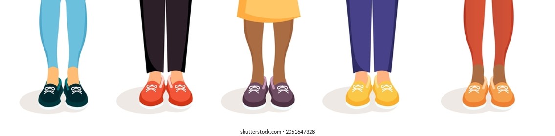 Set of feet of people in sneakers of bright colors. Vector illustration of the feet of men and women in bright modern clothes and shoes. Flat design