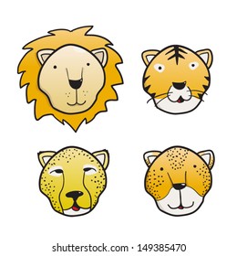 Set of feline cute faces a lion, a tiger a cheetah and a leopard