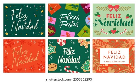 Um conjunto de cartões de Natal 'Feliz Navidad'. Cartões de Natal ou banners de web em espanhol.