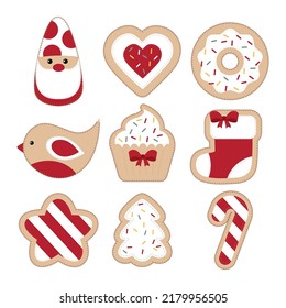 Set of felt Gingerbread Christmas toys isolated on white background. Decorative Christmas Gingerbread Cookies, tree, sock, star, cookie, candy, star, heart, donut, bird, gnome.