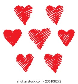 Set. Felt pen drawing of red hearts. Vector illustration.