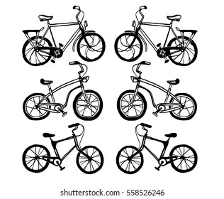 Set of felt pen drawn types of urban bicycles isolated on white background