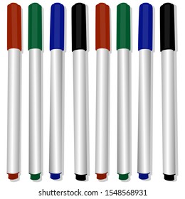 Set of felt-tip pens with primary colors red, green, blue, black. Markers for highlighting in text.