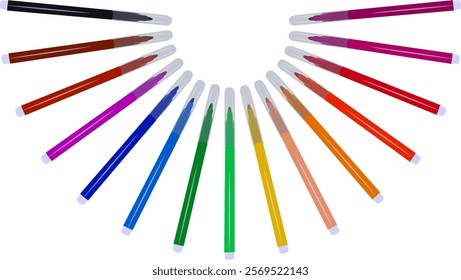 A set of felt-tip pens with primary colors for drawing and coloring. For sale and advertising of markers and drawing with them. Marker for drawing courses. Set of markers with a cap for children.