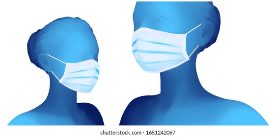 set of female 3d portrait in medical mask white background