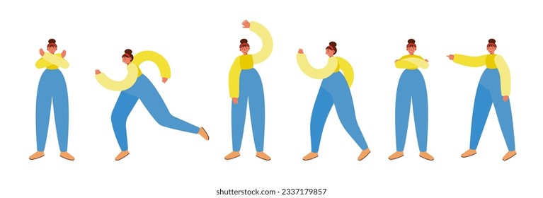 Conjunto de hembras en 6 posiciones permanentes diferentes, proporciones distorsionadas. Caminando, corriendo, saludando con la mano, señalando, con las manos cruzadas, no están de acuerdo con el gesto. Imagen vectorial minimalista.
