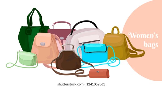 Set of female accessories - bags, backpacks and clutches. Multi-colored leather fashionable portfolios and bags