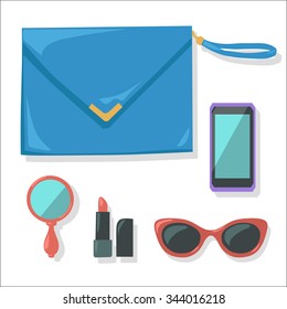 Set of female accessories and handbag. Hand  drawn illustration. Ukraine.