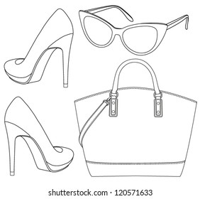 Set of female accessorize. Sunglasses bag shoe icon. Vector illustration