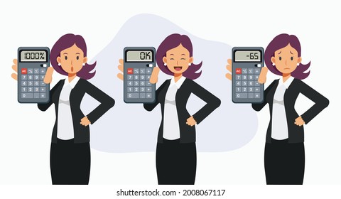 Set of female accountant,businesswoman is showing result of the calculate in calculator screen.Financial business calculator concept.Flat Vector cartoon character illustrations.