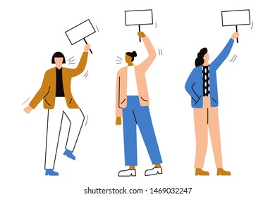 Set of female activists or protesters. Set of protesting people holding banners and placards. Women taking part in a meeting, parade, protest or rally. Flat vector illustration with space for text