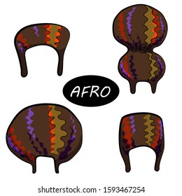 Set of female afro hairstyles. Collection of dreads and afro braids for a girl. Wavy hair, curls, dreadlocks. Flat style. stylized illustration. African-American hair, ethnicity. voluminous hairstyle