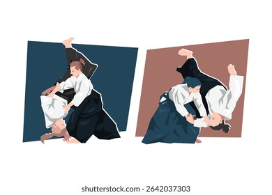 Set of female aikido character. Dynamic pose. Sport, martial arts. Cartoon flat vector illustration.