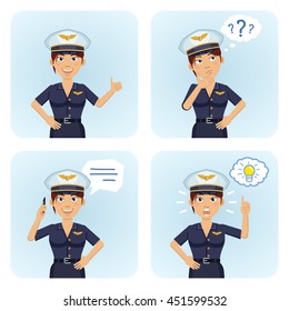 Set of female airline pilot characters posing in different situations. Cheerful pilot showing thumb up gesture, pointing up, talking on the phone, thinking. Flat style vector illustration