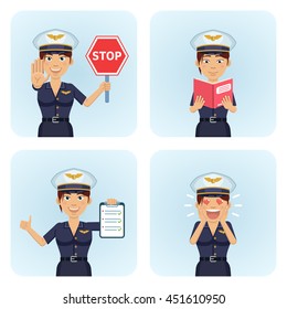 Set of female airline pilot characters posing in different situations. Cheerful pilot holding stop sign, clipboard, reading a book, in love. Flat style vector illustration