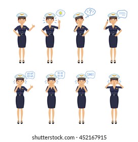 Set of female airline pilot characters posing in different situations. Cheerful pilot talking on the phone, thinking, pointing up, surprised, laughing, crying, smiling. Flat style vector illustration