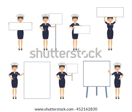 Set of female airline pilot characters posing with different blank banners. Cheerful pilot with paper, poster, placard, pointing to whiteboard, teach, advertise, promote. Flat vector illustration
