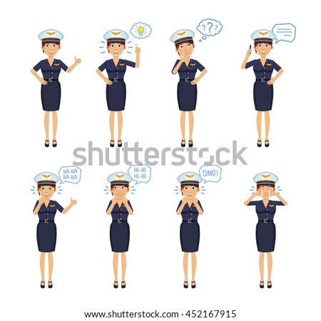 Set of female airline pilot characters posing in different situations. Cheerful pilot talking on the phone, thinking, pointing up, surprised, laughing, crying, smiling. Flat style vector illustration