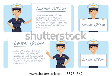 Set of female airline pilot characters posing with different banners. Cheerful pilot holding placard, poster, paper. Advertise, promote, teach. Flat style vector illustration