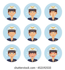 Set of female airline pilot emoticons. Woman avatars showing different emotions. Happy, smile, sad, cry, angry, love, surprised, upset, laugh and other facial expressions. Flat vector illustration