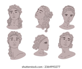 Set of female antique heads. Flat classic stone or clay Greek statues of women. Collection of vector isolated cartoon illustrations.