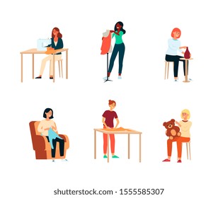 Set of female artisan hobbies or occupations cartoon style, vector illustration isolated on white background. Collection of craftswomen who are pottering and sewing and tailoring and making toys