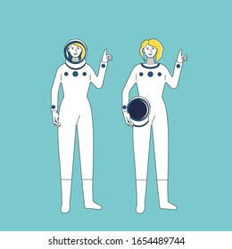 Set of female astronaut in space helmet waving hand. Flat style vector illustration. Isolated on blue background.