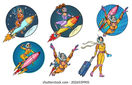 Set of female astronaut. A woman on a rocket, space tourism