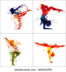 Set of female athletes in four different pose of Gymnastics, Creative illustration made by abstract watercolor splash for Sports concept.