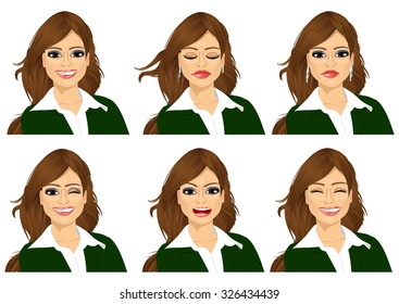 set of female avatar expressions isolated on white background
