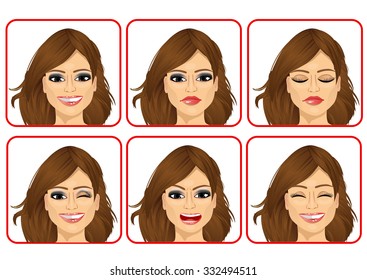 set of female avatar expressions isolated on white background