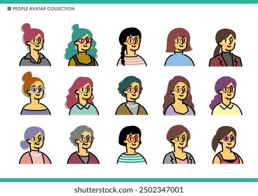 Set of female avatar icons. Glasses.