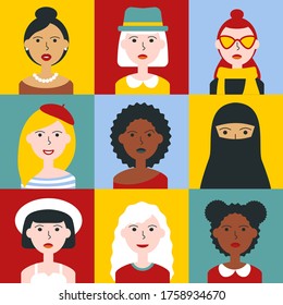 Set of female avatar. User pic, different human face icons for representing person in a video game, Internet forum, account. Vector flat style cartoon illustration. Women characters for web