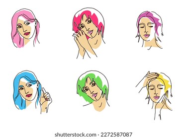 Establecer la ilustración del lino vectorial del avatar femenino con formas de color. Logo Mínimalista De Mujeres.