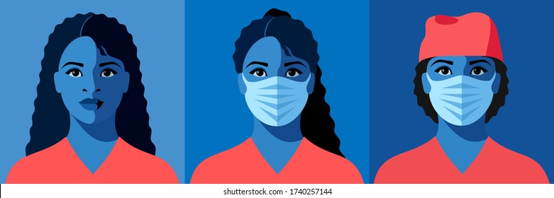 Set of female avatars. African woman as doctor or nurse. Female characters with and without protective medical face masks. Coronavirus epidemic. Vector illustration