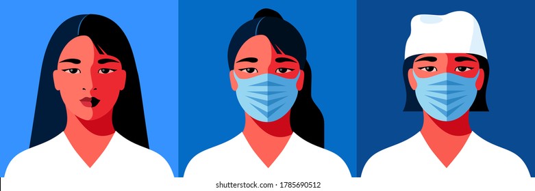 Set of female avatars. Asian woman as doctor or nurse. Female characters with and without protective medical face masks. Coronavirus epidemic. Vector illustration