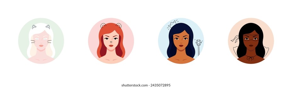 Set of Female avatars. Costume Party concept. Set of Various Characters in Hero, Queen, Cat, Bear Costume. Custom avatars with doodles. Children's drawings on top of art. Vector flat illustration