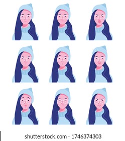 Set of female avatars with different emotions. Young woman in glasses with different facial expressions isolated on a white background. Flat style vector illustration. 