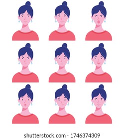 Set of female avatars with different emotions. Woman with different facial expressions isolated on a white background. Flat style vector illustration. 