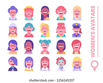 Set of female avatars. Different skin tones, clothes and hair styles. Modern and simple flat cartoon style. See also male parts.