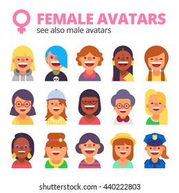 Set of female avatars. Different skin tones, clothes and hair styles. Modern and simple flat cartoon style. 