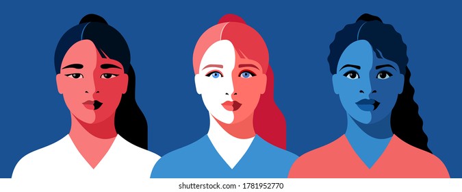 Set of female avatars. European, asian and african women. Three close-up full face portraits. Vector illustration