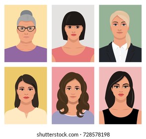 set of female avatars, female faces, vector image