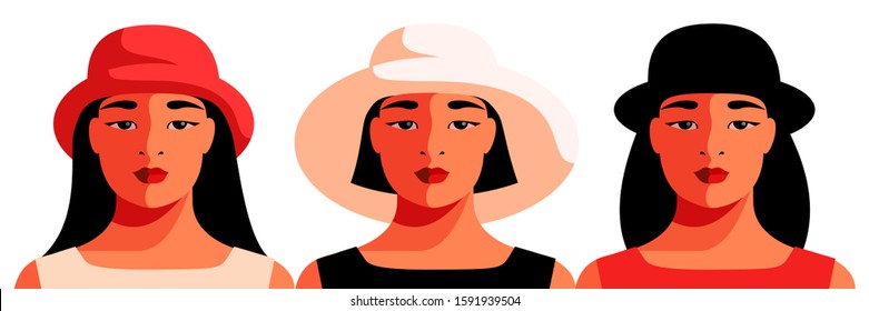 Set of female avatars. Full face portrait of abstract asian girl. Long hair, short hair, different hats. Isolated, flat images, white background. Vector illustration