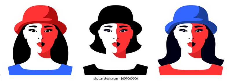 Set of female avatars. Full face portrait of abstract asian girl. Long hair, short hair, different hats. Isolated, flat images, white background. Vector illustration