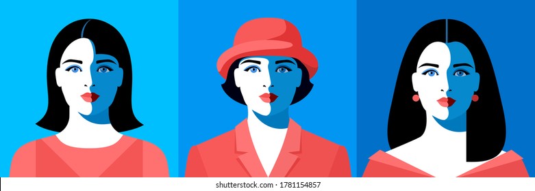 Set of female avatars, full face. Three women with different haircut, wearing different clothes. Vector illustration