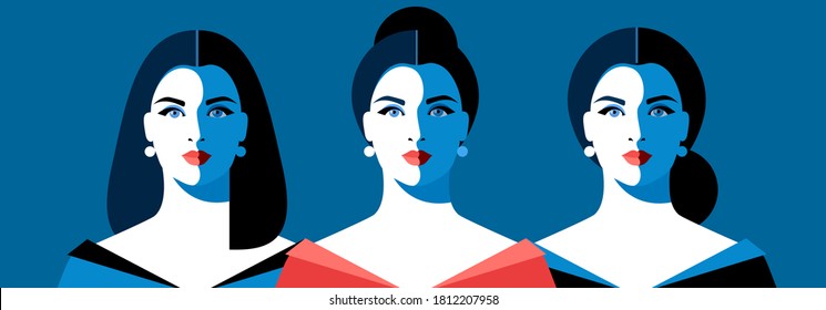 Set of female avatars. Full face portraits of young women with different hairstyles and evening decollete dresses. Vector illustration