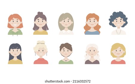 Set of female avatars. Girl icons are in flat style. Portraits of women. Vector illustration