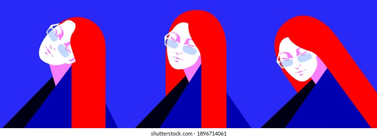 Set of female avatars. Girls with long red hair, wearing glasses. Vector illustration